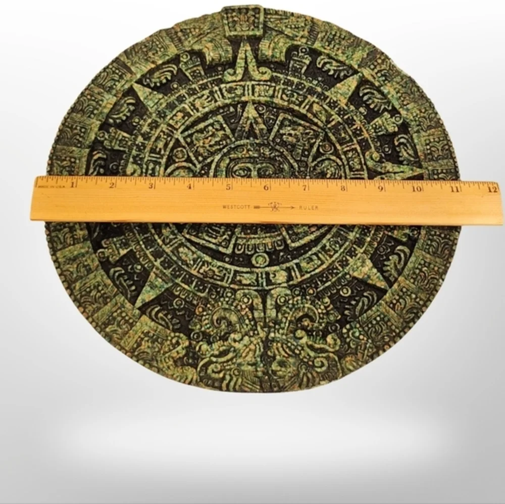 Vintage Zarebski Aztec Mayan Calendar Sun Stone Malachite Green 11"  Wall Plaque - Picture 4 of 6